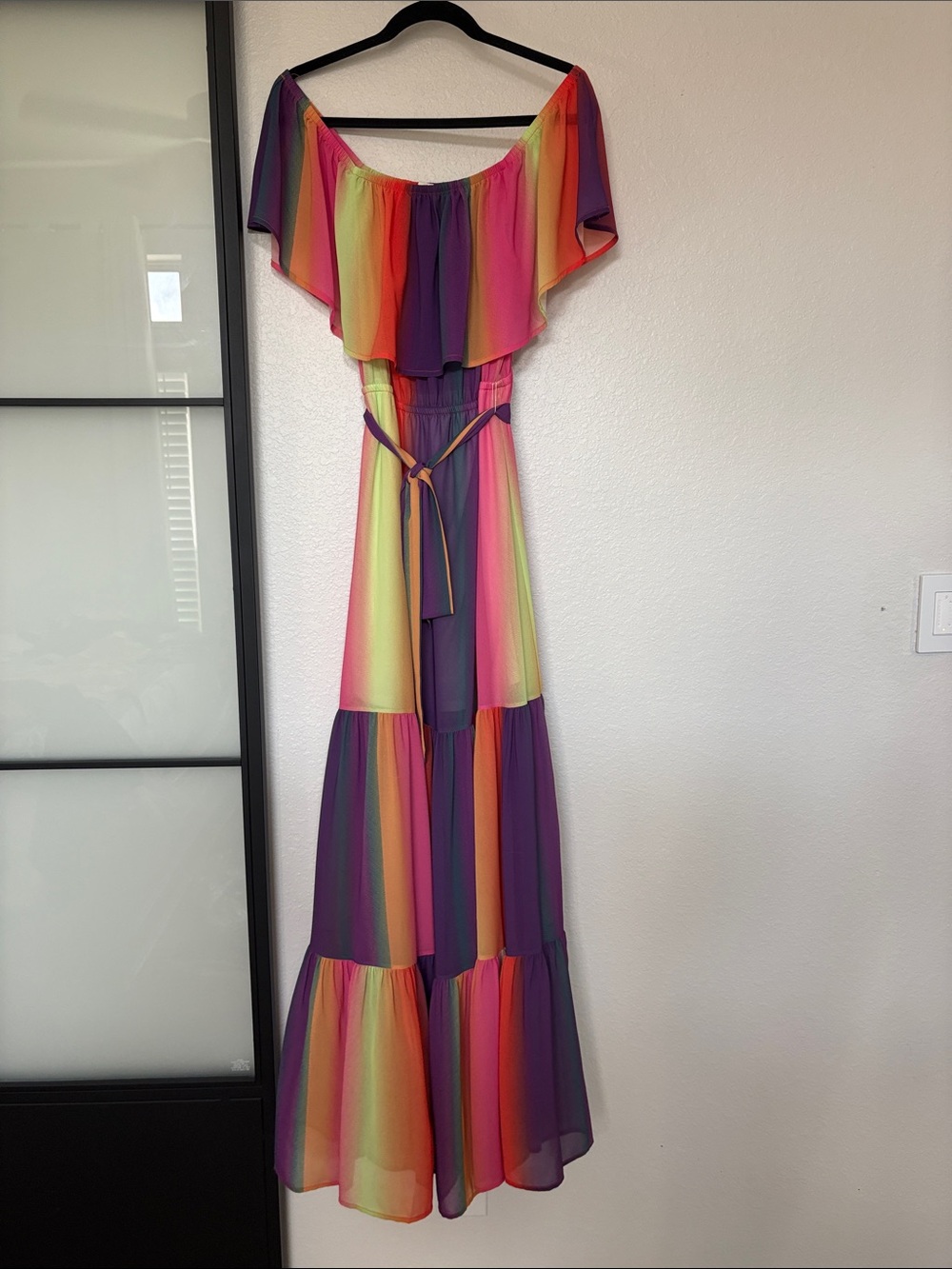Flying Tomato Rainbow Off-Shoulder Maxi Dress with Tie Waist